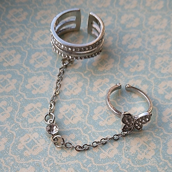 Silver Chain Double Ring Set with Butterfly - Picture 3 of 4